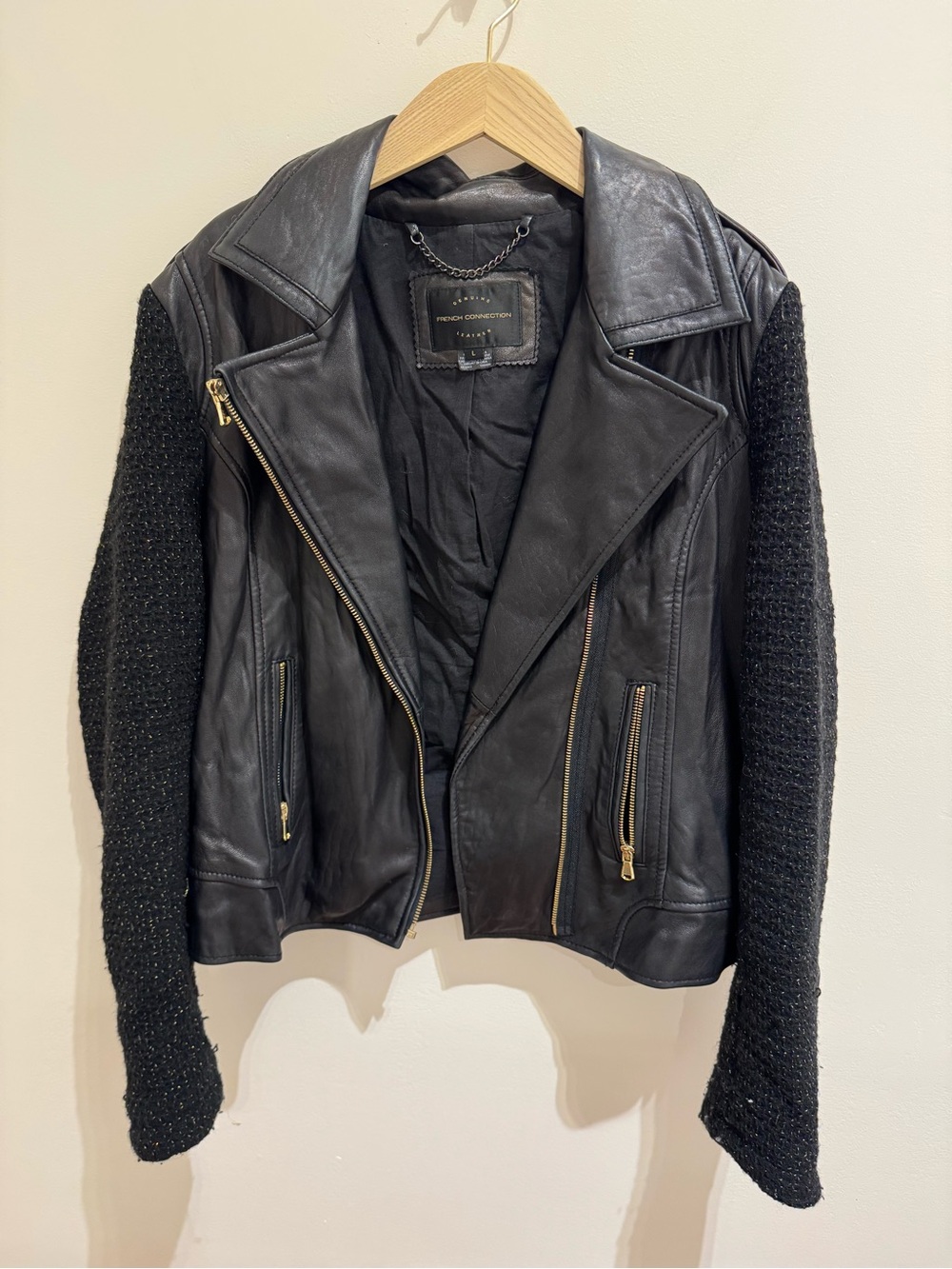 French Connection Black Leather Moto Jacket with Knit Sleeves